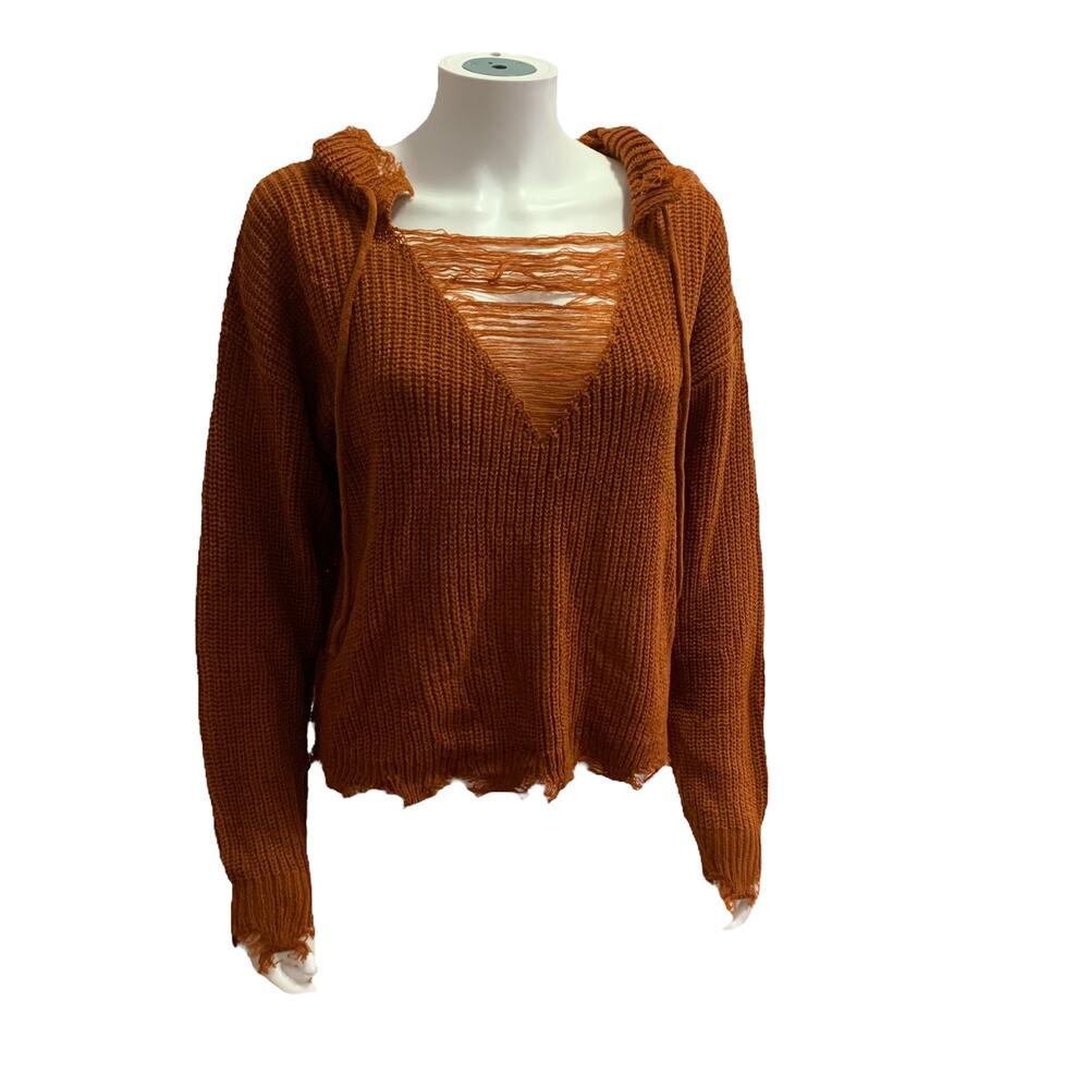 Trendy threads Orange / Mustard  frayed hooded Knit sweater NWT